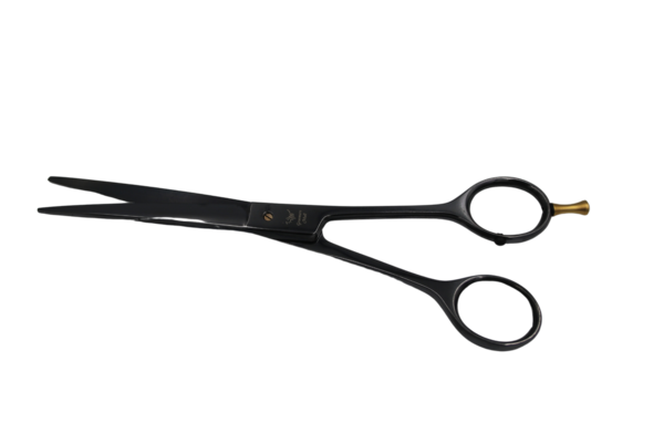 A pair of black titan scissors with gold details lies closed against a white background. Link: Category Black Titanium Scissors.