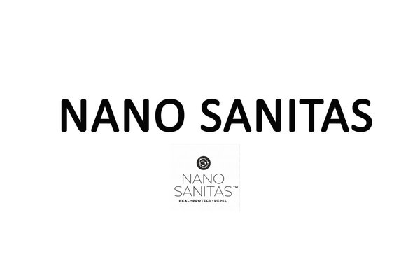 Le nom de l'entreprise "NanoSanitas" est écrit en lettres majuscules noires sur un fond blanc. En haut, au centre, se trouve le logo, un cercle bleu entouré de lignes circulaires blanches. Lien : Produits de NanoSanitas.
