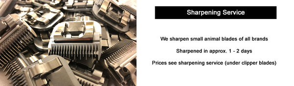 On the left is a pile of clipper heads. At the top right is the title "Sharpening Service". Underneath it says: "We sharpen small animal blades of all brands, sharpened in approx. 1-2 days, prices see  sharpening service (under clipper blades)."